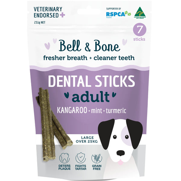 Bell and Bone Dental Sticks for Adult Dogs - Kangaroo, Mint & Turmeric