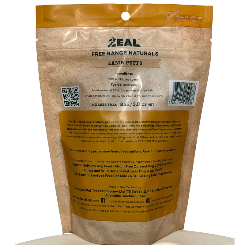 Zeal Free Range Naturals Lamb Puffs Pet Treats 85g | PeekAPaw Pet Supplies