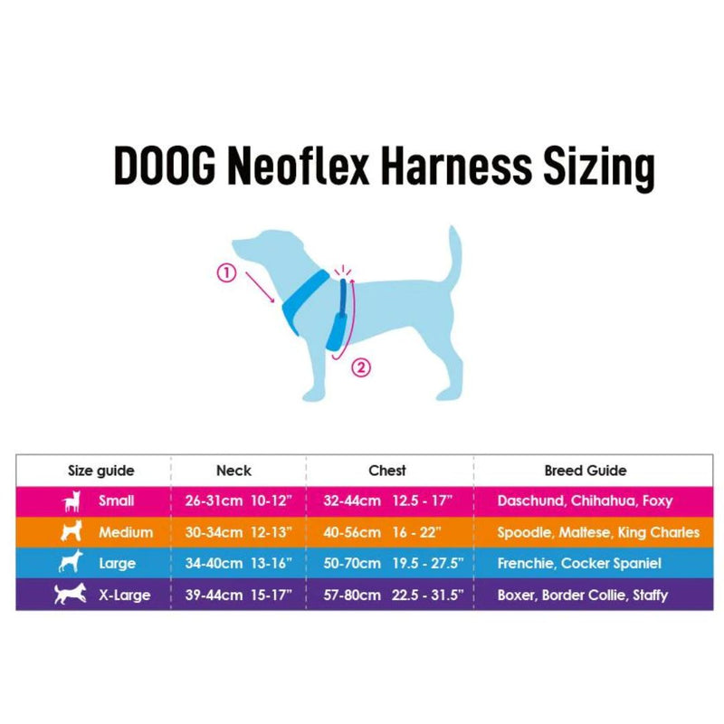 Doog Neoflex Soft Dog Harness - (Neon High Vis) Bolt - Sizing | PeekAPaw Pet Supplies