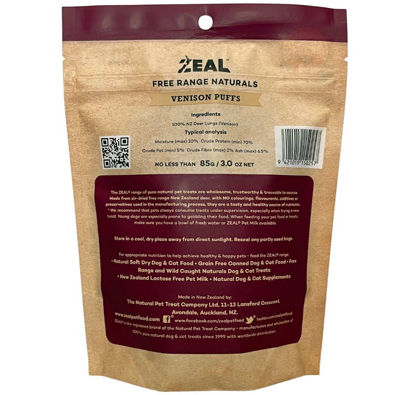 Zeal Free Range Naturals Venison Puffs Pet Treats 85g | PeekAPaw Pet Supplies