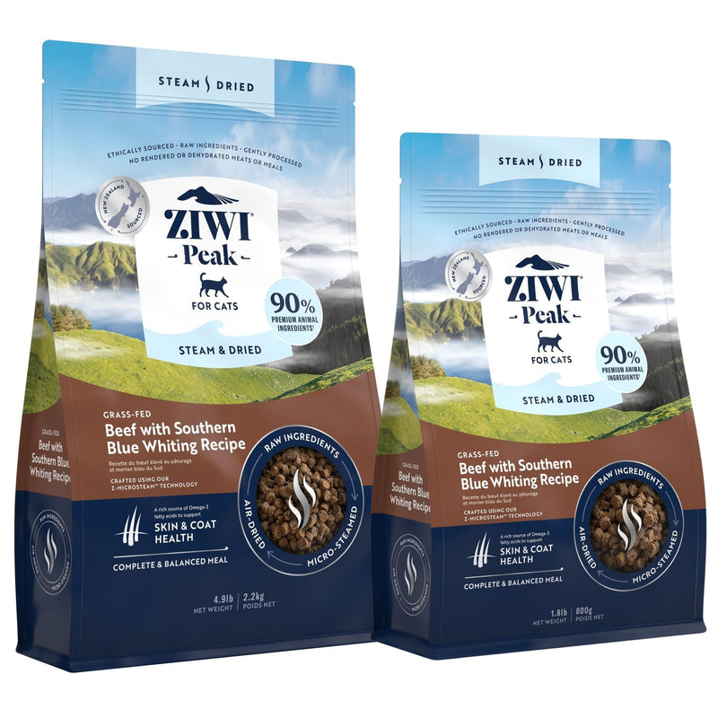 Ziwi Peak Steam and Dried Cat Food Grass-Fed Beef with Southern Blue Whiting