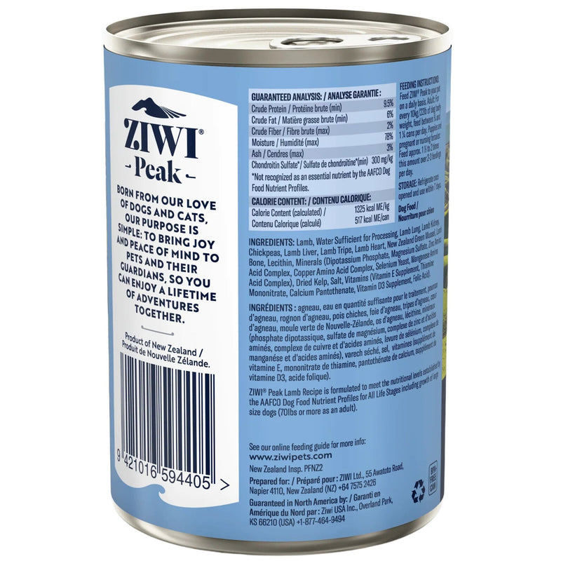 ZIWI Peak Dog Food Cans Lamb 390g | PeekAPaw Pet Supplies