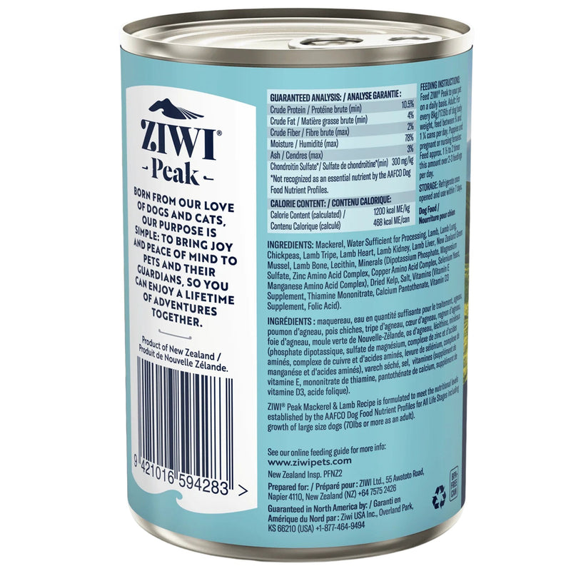 ZIWI Peak Dog Food Cans Mackerel & Lamb 390g | PeekAPaw Pet Supplies