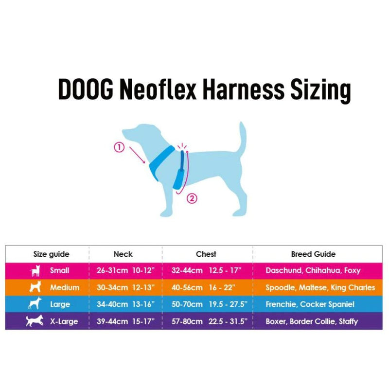 Doog Neoflex Soft Dog Harness - Gromit - Sizing | PeekAPaw Pet Supplies