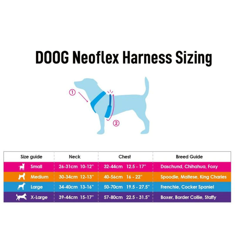 Doog Neoflex Soft Dog Harness - (Neon High Vis) Lady - Sizing | PeekAPaw Pet Supplies