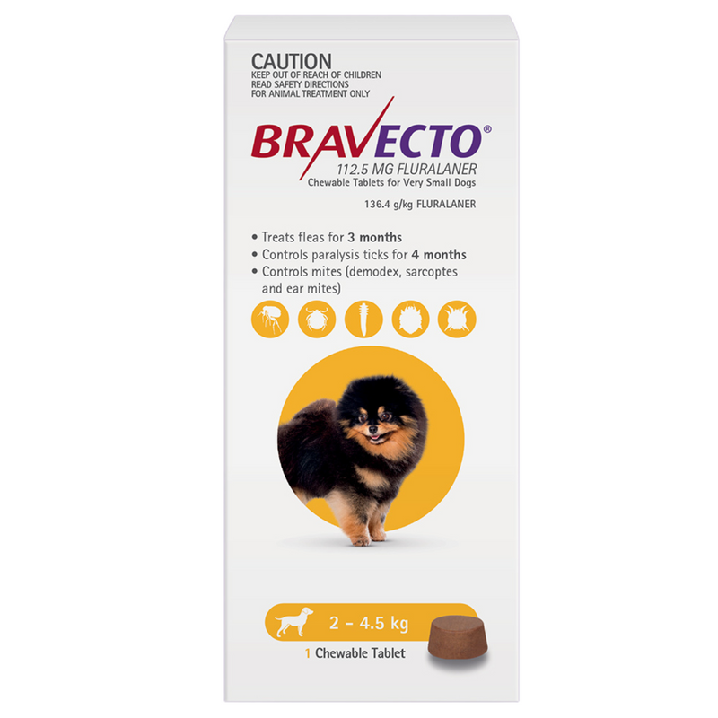 Bravecto Dog Chew Yellow 2-4.5kg 1 Tablet | PeekAPaw Pet Supplies