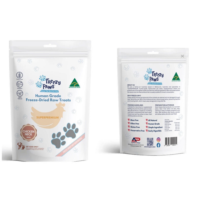 Freezy Paws Freeze Dried Chicken Neck Pet Treats for Cats & Dogs 100g | PeekAPaw Pet Supplies