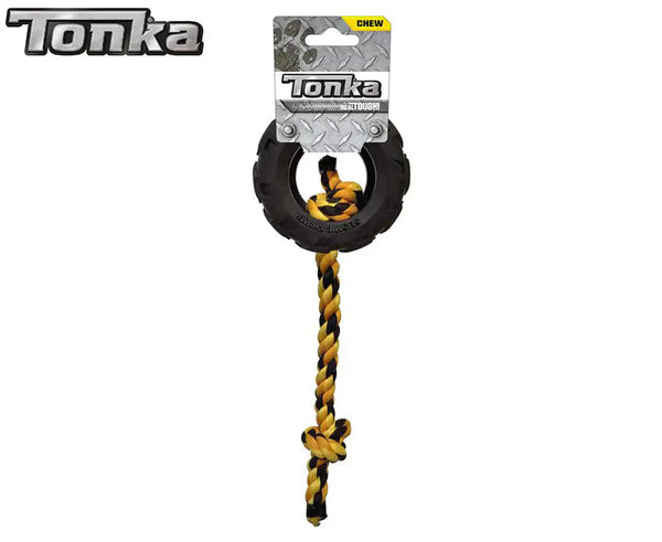 Tonka Dog Toys Mighty Chomp Tyre w/ Rope Black/Yellow 10cm