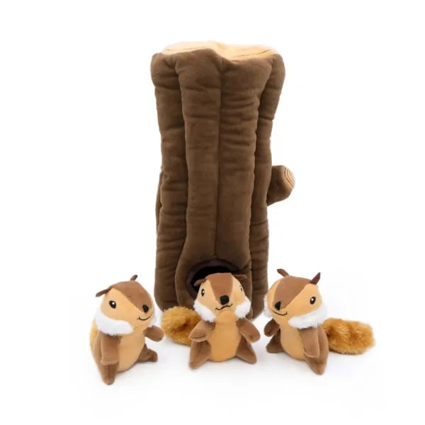 Zippy Paws Dog Toys Plush Burrow - Log with 3 Chipmunks 01